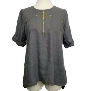 Ellen Tracy Linen Tunic Top Medium Gray Roll Tab Sleeves Gold Zip Coastal Tassel